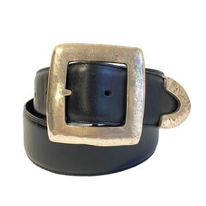 Black Leather Belt Silver Square Vintage Statement Buckle Brighton Womens Medium